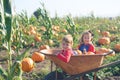 Happy girls sitting inside wheelbarrow at field pumpkin patch Royalty Free Stock Photo