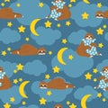 Little sleeping sloth bear lying down and hug pillow on blue background with clouds and stars and moons. Vector seamless pattern w