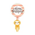 Little sloth on a balloon with Happy Birthday lettering. A cute festive cartoon character in a simple childish hand