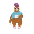 Little sloth bear standing in t-shirt and cap with cup of coffee hand drawn vector illustration in cartoons style. Sleeping cute s