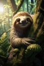 little sloth clingsinging to a tree in the rainforest