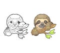 Little sloth, coloring book, funny illustration