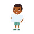 Little smiling boy holding empty banner flat vector illustration. Cute school kid with blank paper sheet in hands isolated on whit Royalty Free Stock Photo