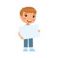Little smiling boy holding empty banner flat vector illustration. Royalty Free Stock Photo
