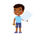 Little smiling boy holding empty paper sheet flat vector illustration. Royalty Free Stock Photo