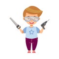 Little Smiling Boy in Protective Goggles Holding Saw and Drill for Woodworking Vector Illustration