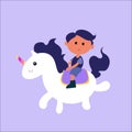 Little smiling boy riding unicorn flat cute illustration Royalty Free Stock Photo