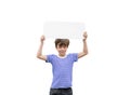 Little smiling boy in striped t-shirt with blank sign board in hands above his head isolated Royalty Free Stock Photo