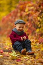 Little smiling child boy sits in park and holds yellow leaf in h Royalty Free Stock Photo