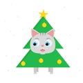 Little smiling kitten dress up christmas suit. Happy cat and christmas tree. Vector cartoon flat illustration for xmas, New Year