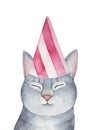 Little smiling kitty character, dressed in bright pink striped party hat. Royalty Free Stock Photo