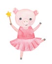 Little smiling piggy character in pastel pink tutu dress