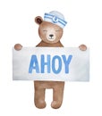 Little smiling teddy bear holding paper sign with word `Ahoy`.