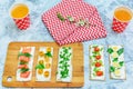 Little snacks with different ingredients lie on a cutting board. Crispy bread sandwiches with curd cheese, salmon Royalty Free Stock Photo