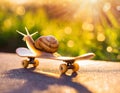 Little snail enjoy the sunlight on a skateboard