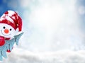 Little snowman in cap with Christmas tree on snow in the winter. Background with a funny snowman. Christmas card.