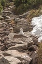 A little snowman made on a mountain path