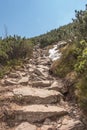 A little snowman made on a mountain path