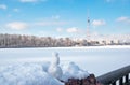 Little snowman in the spring. Saint-Petersburg. Russia Royalty Free Stock Photo