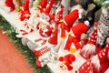 Little snowmen. Market of decor . Lots of christmas decoration in store. Christmas shopping for new year tree.