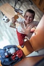 A little soccer player excited about won cup Royalty Free Stock Photo