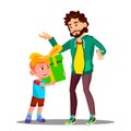 Little Son Gives Gift To Dad Vector. Isolated Illustration