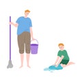 Little son helping father to wash floor with cloth for mopping