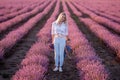 Little son hides behind mother. Young woman and boy walk through the rows of lavender purple field Royalty Free Stock Photo