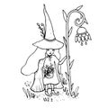 Little sorceress with a staff in the form of a flower collects h