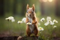 A little squirrel standing on two legs holding a flower. Generative AI Royalty Free Stock Photo