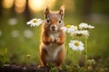 A little squirrel standing on two legs holding a flower. Generative AI Royalty Free Stock Photo