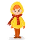 A little stand-up boy with red hair in a yellow jacket, a red scarf, and warm shoes on white