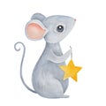 Little standing baby mouse with adorable big eyes and ears, holding string with gold star. Royalty Free Stock Photo