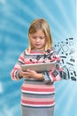 Little standing girl with tablet with icons on screen.