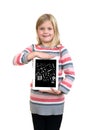 Little standing girl with tablet with icons on screen.