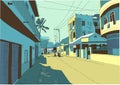 Little street, Vietnam, people on mopeds, sketch, blue and yellow colors