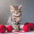 Little striped cat with red balls of knitting yarn. Life with cats, domestic pet, hobby, knitting concept Generative AI Royalty Free Stock Photo