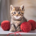 Little striped cat with red balls of knitting yarn. Life with cats, domestic pet, hobby, knitting concept Generative AI Royalty Free Stock Photo