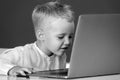 Little student boy using laptop computer in school class. Funny blonde pupil on blackboard. Royalty Free Stock Photo