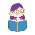 Little student girl with glasses reading book cartoon character isolated icon Royalty Free Stock Photo