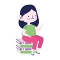 Little student girl sitting on stack of books cartoon school isolated icon design white background Royalty Free Stock Photo