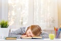 Little student girl sitting at the table, fell asleep at the books. The concept of education and school Royalty Free Stock Photo