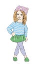 Little stylish girl dressed in cute hat, striped top, mini skirt and leggings. Children\'s fashion illustration Royalty Free Stock Photo