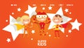 Little superhero character, kid male and female personage, fly, superpowers, star, flat vector illustration. Website