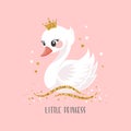 Little swan princess with a golden crown on a pink background. Cute illustration for fashion print, greeting cards Royalty Free Stock Photo