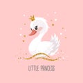 Little swan princess with a golden crown on a pink background. Cute illustration for fashion print, greeting cards Royalty Free Stock Photo