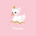Little swan princess with a golden crown on a pink background. Cute illustration for fashion print, greeting cards Royalty Free Stock Photo