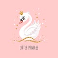 Little swan princess with a golden crown on a pink background. Cute illustration for fashion print, greeting cards Royalty Free Stock Photo