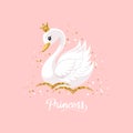 Little swan princess with a golden crown on a pink background. Cute illustration for fashion print, greeting cards Royalty Free Stock Photo