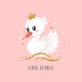 Little swan princess with a golden crown on a pink background. Cute illustration for fashion print, greeting cards Royalty Free Stock Photo